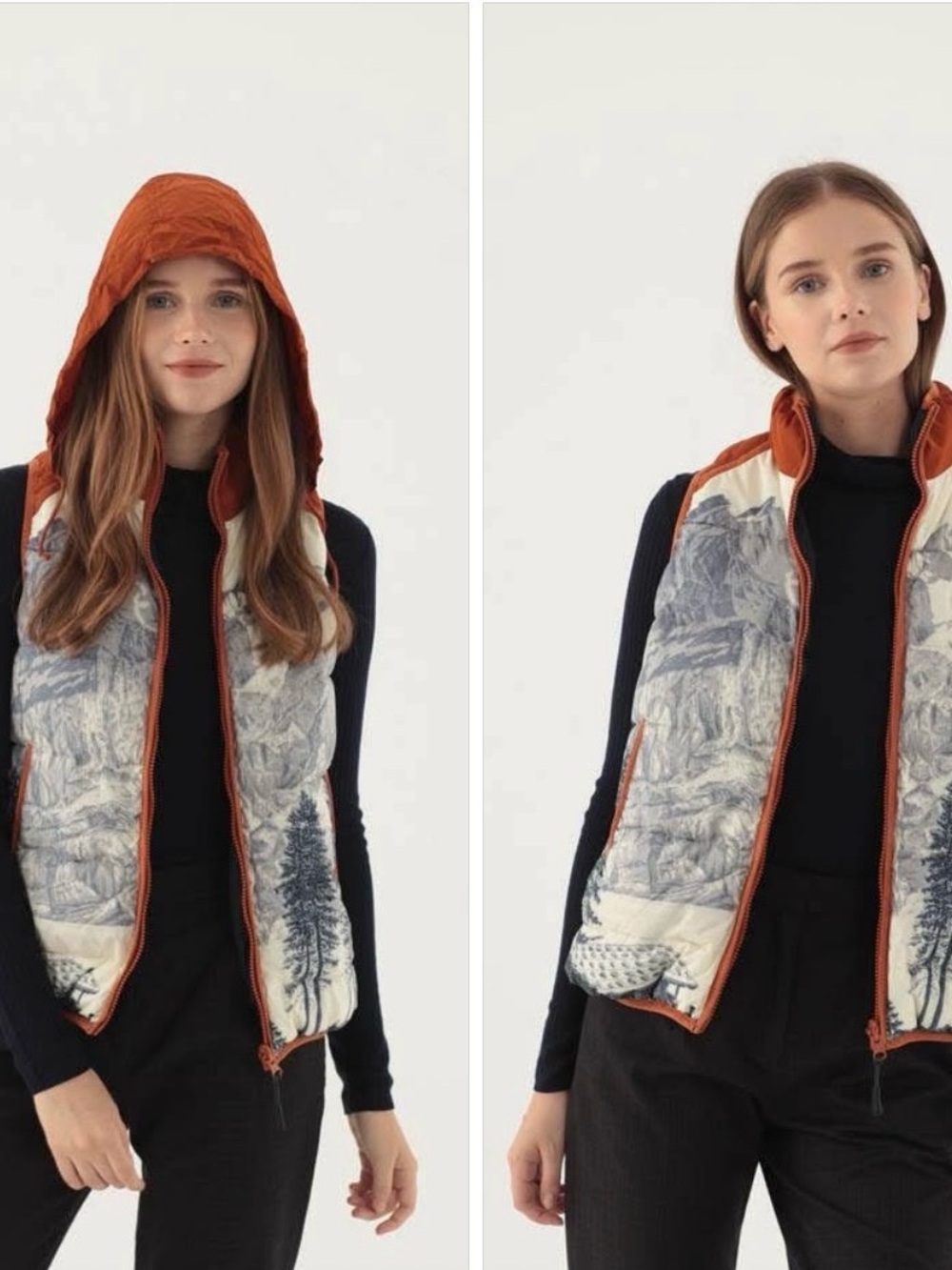 Quilted Scenic Print Hooded Vest - Rust/Gray